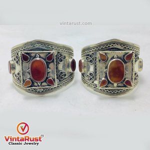 single Handmade Boho Kuchi Cuff Bracelet inlaid With Stones, Tribal Ethnic Cuff